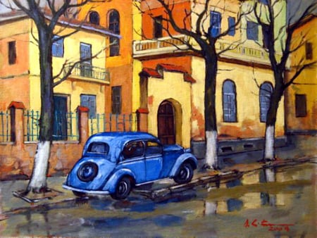 David Croitor. Demult pe o strada - car, building, david croitor, painting, art