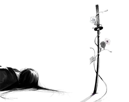 Kuchiki Byakuya - anime, byakuya, white background, sword, weapons, shinigami, flowers, vine, bleach, senbosakura, black and white, byakuya kuchiki, zanpakutou, kuchiki byakuya