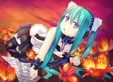 Hatsune Miku - pretty, artistic, twin tail, pink, light, uniform, flowers, stunning, headphones, nice, program, leggings, hot, beauty, virtual, cg, white, cute, aqua eyes, song, outfit, sexy, vocaloid, anime, amazing, twintail, 7th dragon 2020, hatsune miku, microphone, music, aqua, stockings, purple, art, idol, 7th dragon, anime girl, laying, skirt, beautiful, singer, girl, script, cool, orange, black, glow, miku, awesome, diva, digital, aqua hair, hatsune, vocaloids, headset