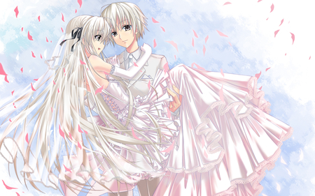 Sora & Haruka Kasugana - sora, dress, kasugana, long hair, carry, ribbon, bride, haruka, wedding, love, petals, suit, white, frill, bow, couple, tux