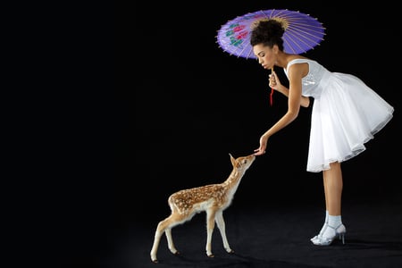 Fairy and a Fawn - white dress, fawn, umbrella, beautiful, fairy, lovely