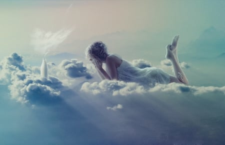 Above the clouds - women, clouds, milk, fantasy, white, sky