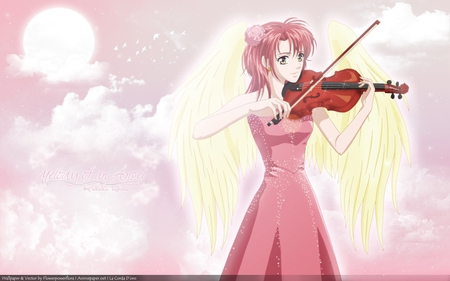 Angel's Melody - sky, angel, music, la corda d oro, heaven, beautiful, full moon, pink, anime, violin