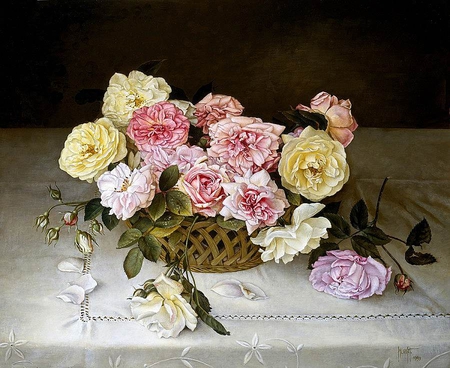 JOSE ESCOFET -- Roses (Oil on canvas) - painting, jose escofet, art, basket, canvas, flower