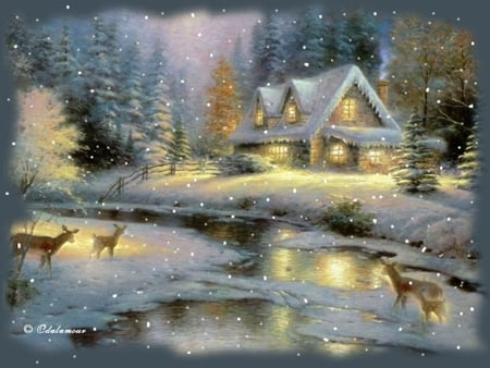 Xmas scene - new year, december, river, holiday, tree, house, deer, christmas