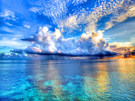 Cloudy sky over the sea - sky, ocean, reflection, clouds, blue, over, water, sea