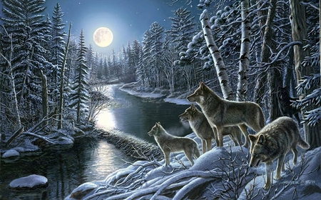 By James Meger - moon, ice, wildlife, night, james meger, wolf, nature, river, tree