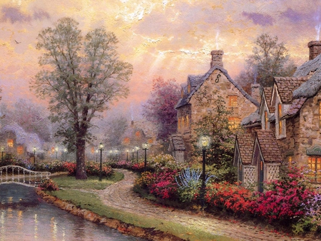 The house of my dreams - flower, path, river, house, tree, painting, nature, art