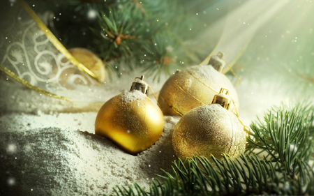 Christmas Balls - balls, golden, beautiful, photography, tree, branches, abstract, christmas