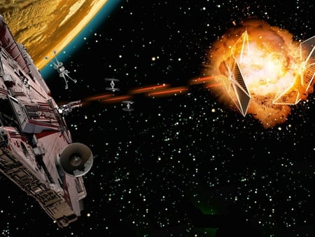 direct hit - explosion, x wing, stars, millenium falcon, firing, planet, tie fighters