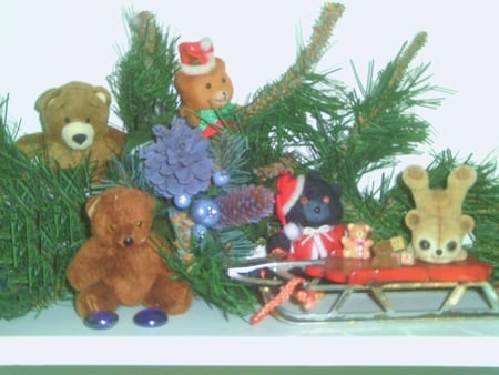 Christmas Bears - bears, blue, greens, sled, christmas