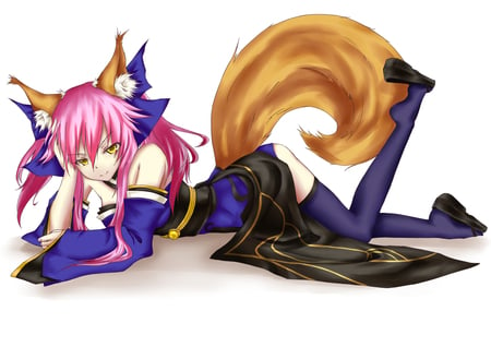 fate extra - lying, pink hair, clog sandals, anime fox tail, game cg, falling sandal, kimono, fox tails, cute, feet, high heels