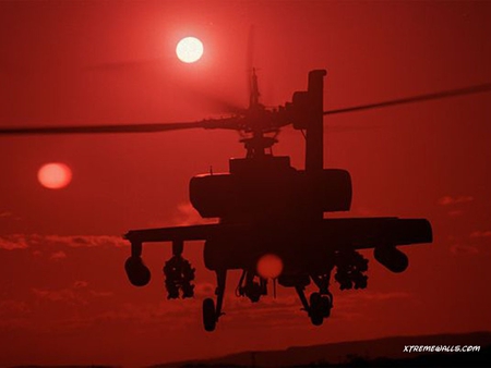 silhouetted gunship - helicopter, red sky, sun, weapons