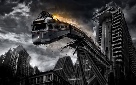 derailing train - destruction, buildings, clouds, light