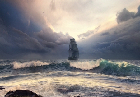 Off to a new world - clouds, ship, rock, waves, ocean, sails, sky