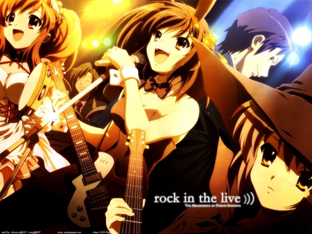 Suzumiya rocks - anime, asahina, magic, haruhi, maiden, nagato, guitar, best, yuki, sorcerer, kyon, cosplay, rock, drums, mikuru, bunny, is, life, the