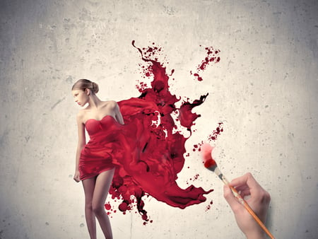 Red Painting - woman, beauty, hot, paint, painting, art, paintbrush, pretty, hand, color, brush, style, sexy, girl, fashion, hd, red dress, red, pose, red paint, dress, blonde