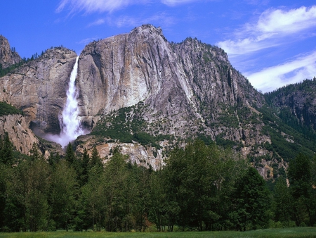 Yosemite Falls - yosemite, sky, forest, park, mountains, waterfall