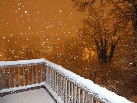 Let It Snow! - flakes, trees, porch, snow, winter, golden