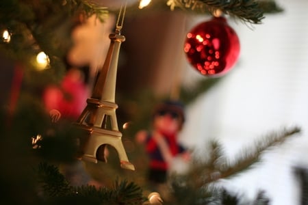 eiffel tower ornament - christmas, holiday, red, photography, gold, decorations, tree