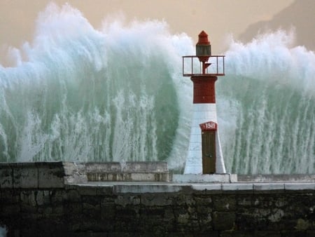 Massive Wave, Kalk Bay Breakwater Light, Cape Town, South Africa - africa, lighthouse, ocean, wave