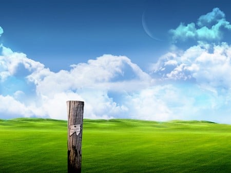 Pole in front of a Field (Bliss) - blue skies, lone pole, grassy field, bliss, clouds