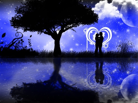 love near the lake - hug, moon, love, lake, stars, kiss, couple, heart