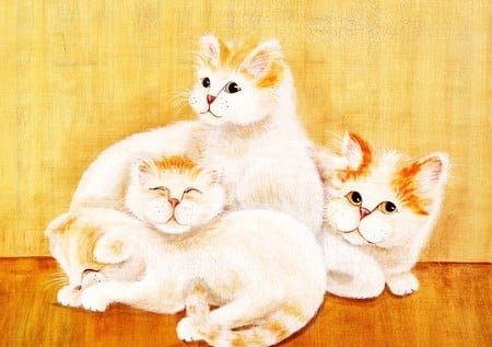 Three White Cozy Cats - white, painting, cuddling, cats, cozy