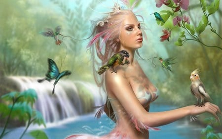 Wood Nymph Waerfall - woman, butterfly, girl, nympy, woods, waterfall, foggy, bird