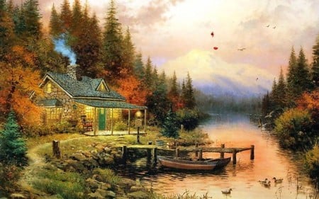 Autumn Cabin Twilight - sky, autumn, lake, trees, mountains, abstract, clouds, colors, cabin, boat