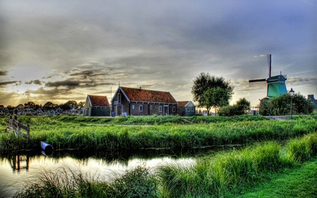 Clouds Over Windmill - nature, sky, farm, cloudy, dark, water, stormy sky, windmill