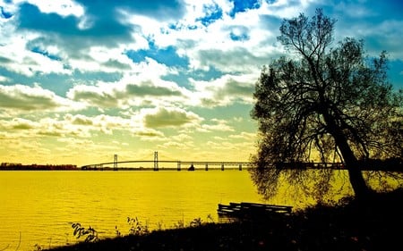 The Tree and Lake !!! - abstract, wds, tree, widescreen, cg, nature, lake, golden, sky