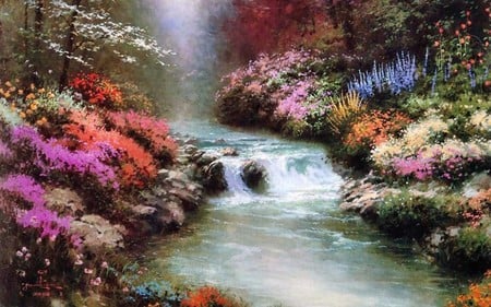 Spring Stream Waterfall - abstract, rivers, stream, spring, colors, flowers, colorful, nature, waterfall