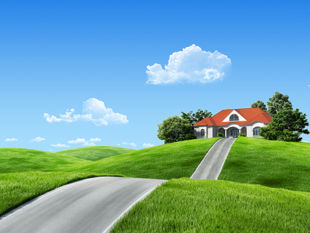 Dream house - road, house, tree, nature, grass