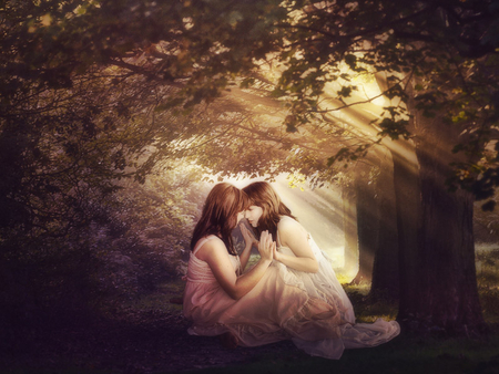 sisters - girls, trees, fantasy, bright, sister, 3d