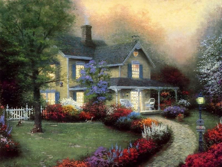 Flower Pathway - house, path, flower, trees