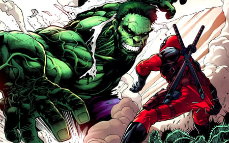 Hulk vs Deadpool - gun, original, heroes, cool, comic, deadpool, ninja, marvel, fight, hulk, action