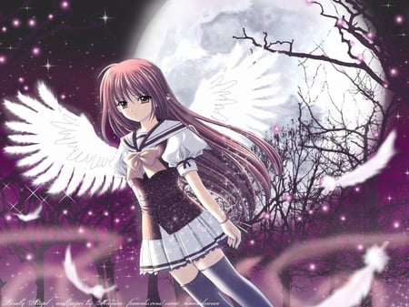 Lonely Angel - shuffle, sky, stars, melancholy, feathers, angel, sad, wings, wind, forest, lonely, full moon, anime