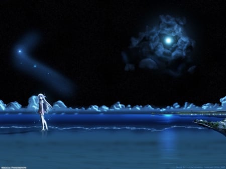 Magical Phenomenon - clouds, anime, magic, beach, beautiful, shuffle, angel, ocean, melancholy, full moon, sky, demon