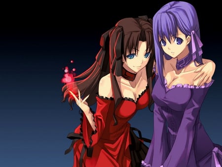 Fate Girls - woman, painting, cgi, fights, art, pretty, stay, anime, girl, night, drawing, fate, red, blue, beautiful, babe, dress