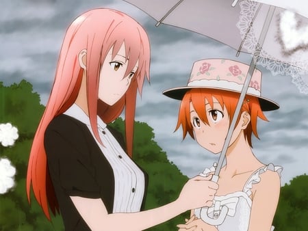 It's Gonna Rain - clouds, anime, female, guy, cross dressing, working, girls, umbrella, gray clouds, mahiru inami