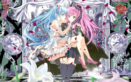 Vocaloid Love - pretty, anime, thigh, high, beautiful, girl, saki, luka, drawing, cgi, miku, painting, art, sexy, yuri