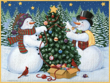 Mr. and Mrs. Frosty - star, snowmen, gifts, snow, merry christmas