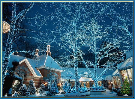 Blue village for Christmas - beautiful christms lights, merry christmas, trees, decorations, blue, lights