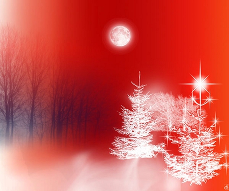 Fantasy forest - moon, white trees, forest, red, dreamlike, fantasy