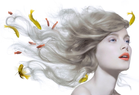 Pisces Girl - pisces, water, yellow, girl, beauty, golden, fish, hair