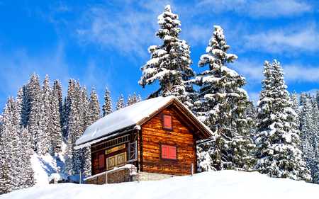 Beautiful Winter - blue, cabin, amazing, splendor, landscape, snow, view, houses, cottage, sky, clouds, house, trees, winter, beautiful, snowy, beauty, lovely, tree, white, nature, winter time, mountains, peaceful