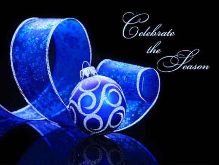 Celebrate the Season - christmas, black, blue, ribbon, ornament, light