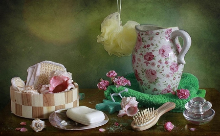 Soap still life. - shell, chintz, brush, towel, flower, soap, jug