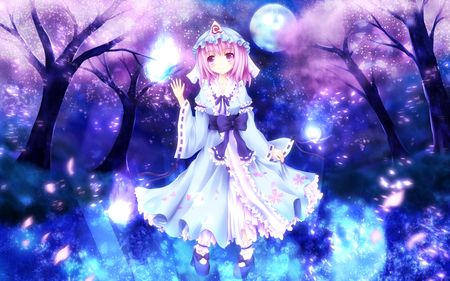 Saigyouji Yuyuko - moon, saigyouji yuyuko, anime, anime girl, girl, short hair, japanese clothes, touhou, pink hair